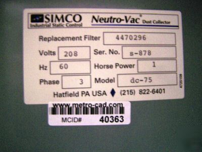Simco neutro-vac dust collector dc-75 4470296 filter