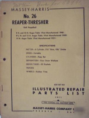 1950 massey harris 26 combine parts manual - original 