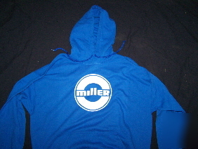 New miller welder blue hooded pull over sweatshirt, xl 