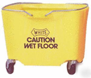Yellow plastic mop bucket black caution wet floor 
