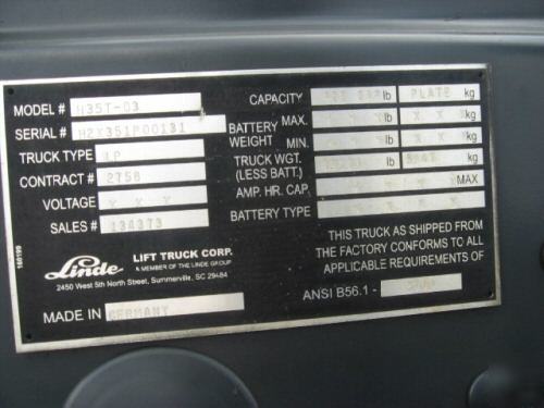 2003 linde H35T-03 5,720 lb forklift great machine 