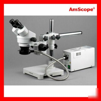  3.5X-90X stereo zoom microscope on boom + fiber ring